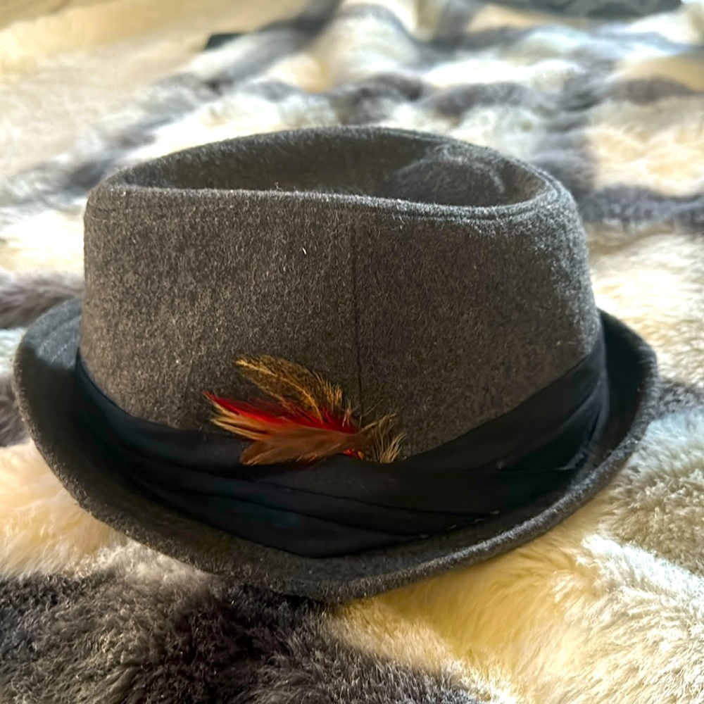 A BDG. Fedora hat that is a dark gray,  it has a black band it with feathers.